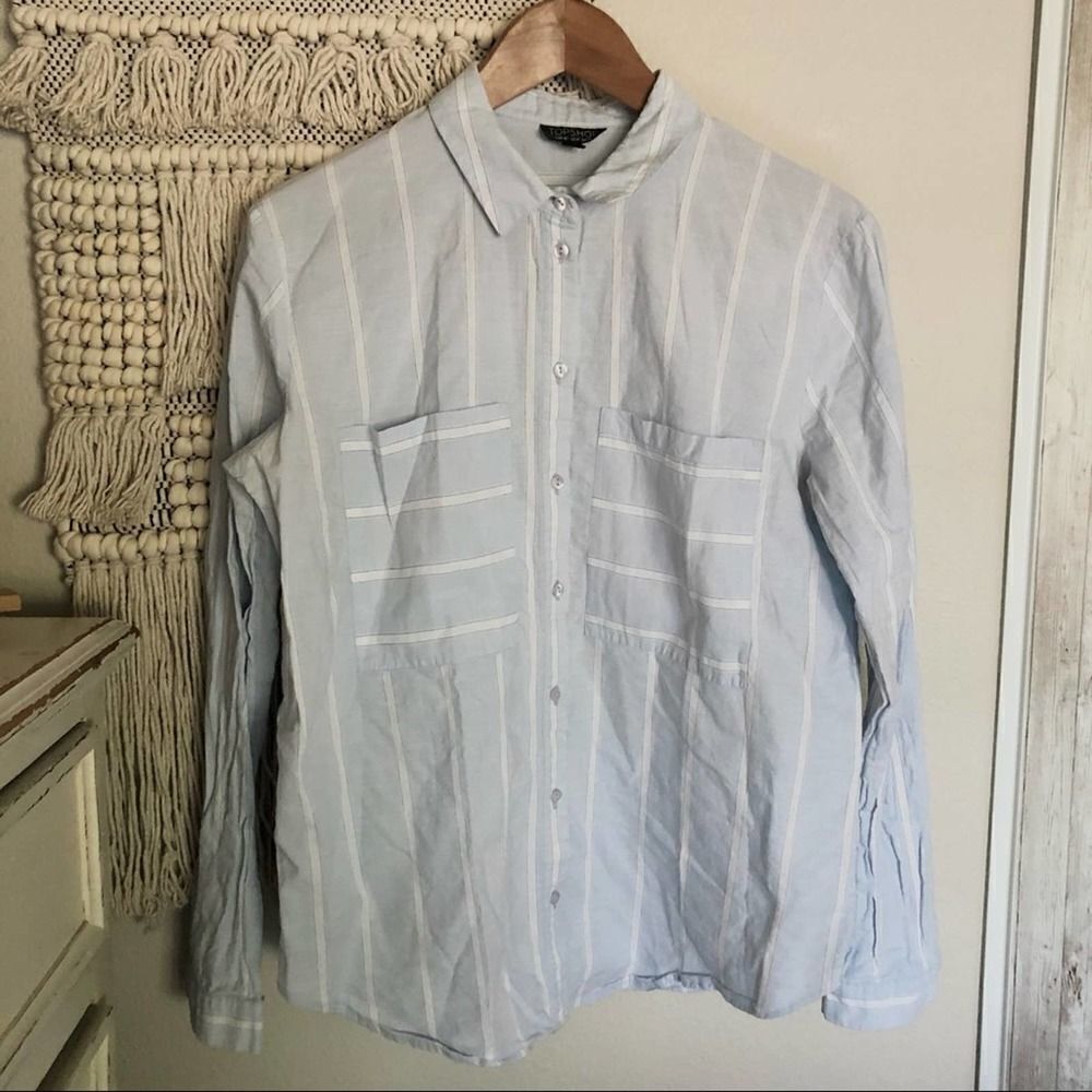 Topshop Light Blue Striped Linen Button Down Top